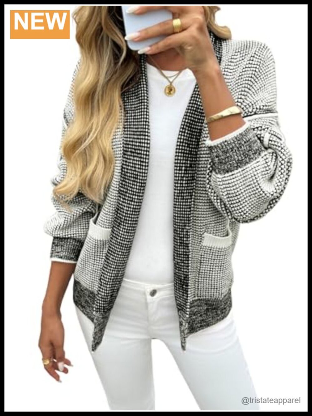 Womens Open Front Cardigan Waffle Knit Sweater with Pockets
